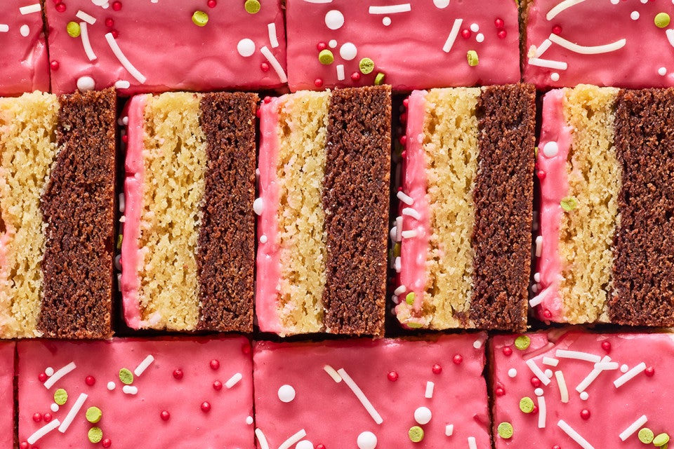 Neapolitan Sugar Cookie Bars arranged in a tight pattern seen from above