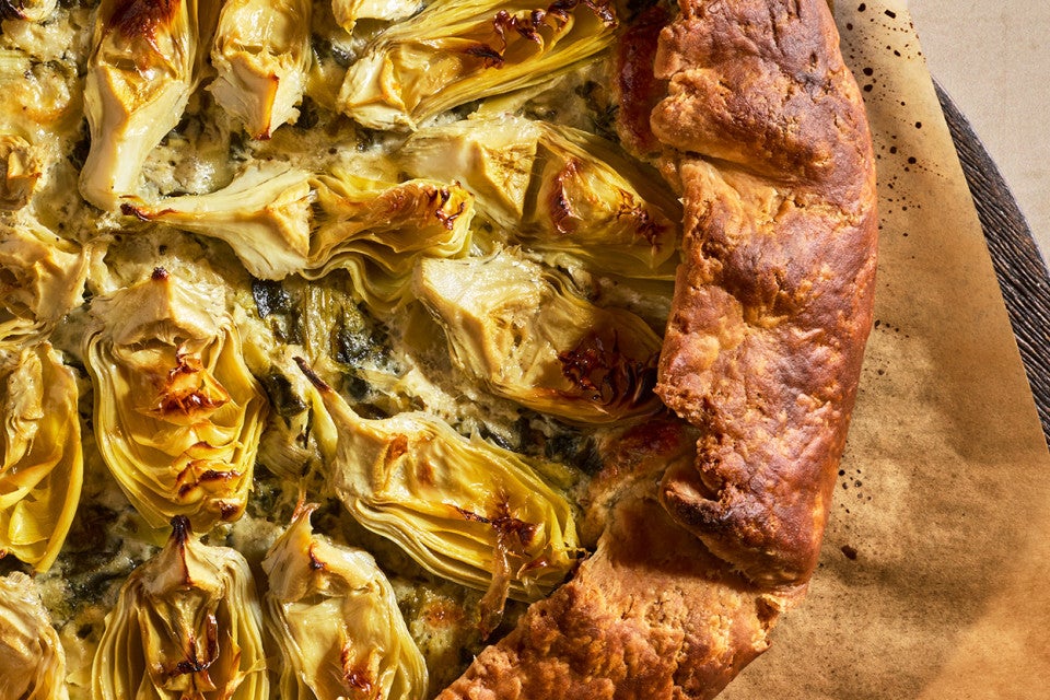 A detailed shot of Spinach Artichoke Galette