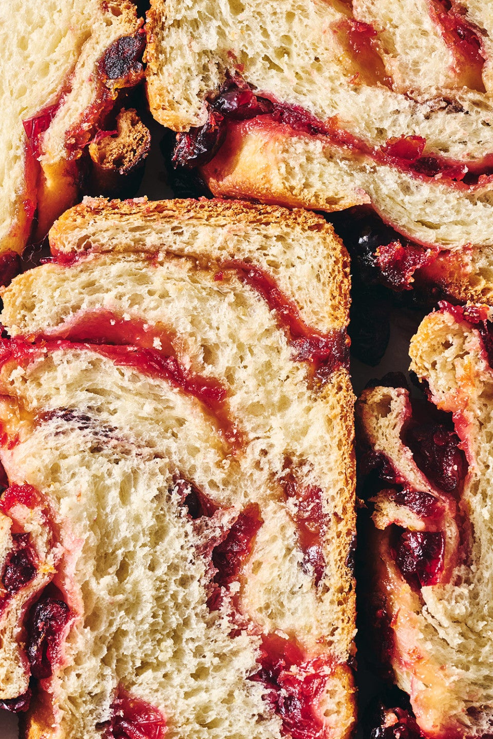Close up of slices of Cranberry Orange Babka