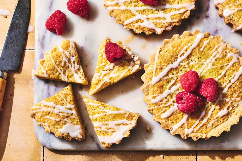 Mini Almond Tarts on a marble cutting board