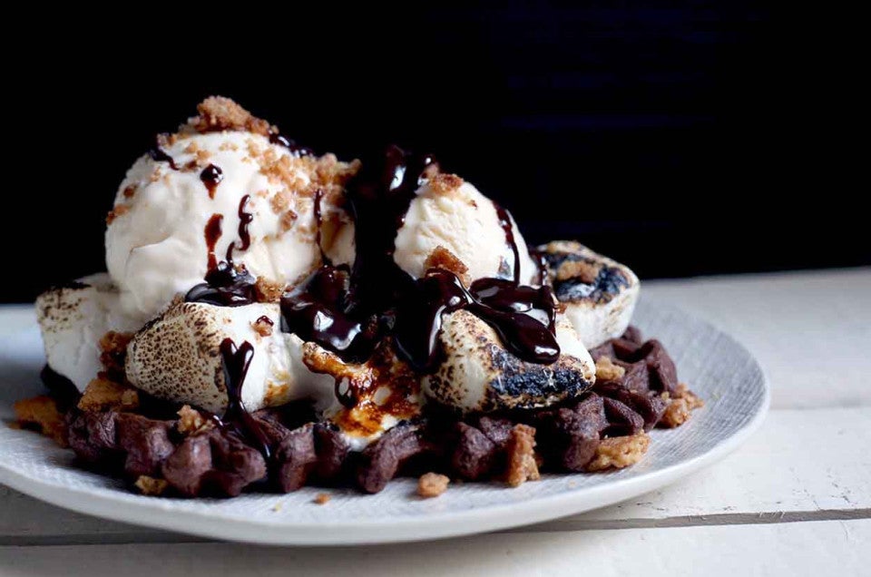 Fudge Waffles with Ice Cream and Chocolate Sauce