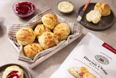 Easy Drop Biscuits with Buttermilk Biscuit Flour on a dish towel