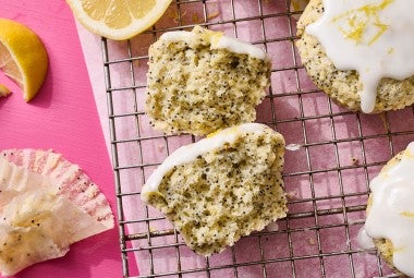 A broken open Lemon Poppy Seed Muffin