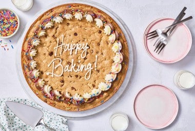 Chocolate Chip Cookie Cake on a counter.