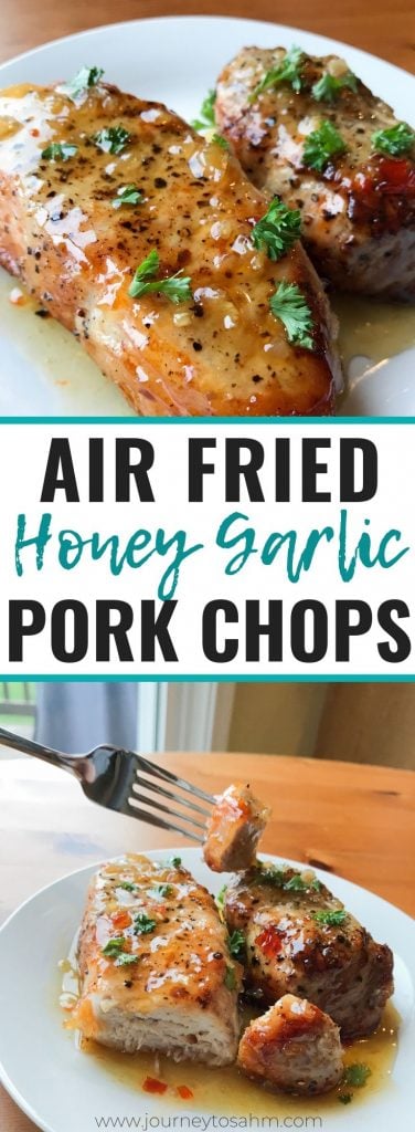 Titled Photo and Shown: Air Fried Honey Garlic Pork Chops (on white plate with fork)