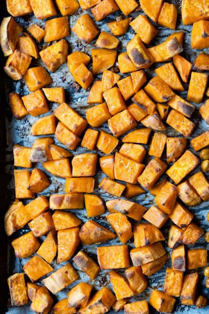 roasted sweet potatoes on a baking sheet