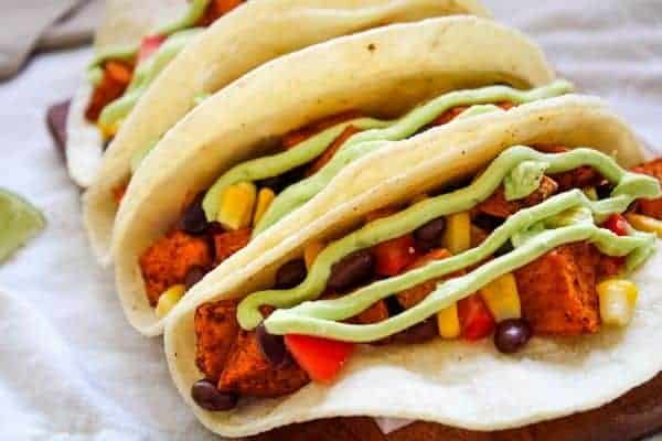 Close Up of open Sweet Potato Black Bean Tacos