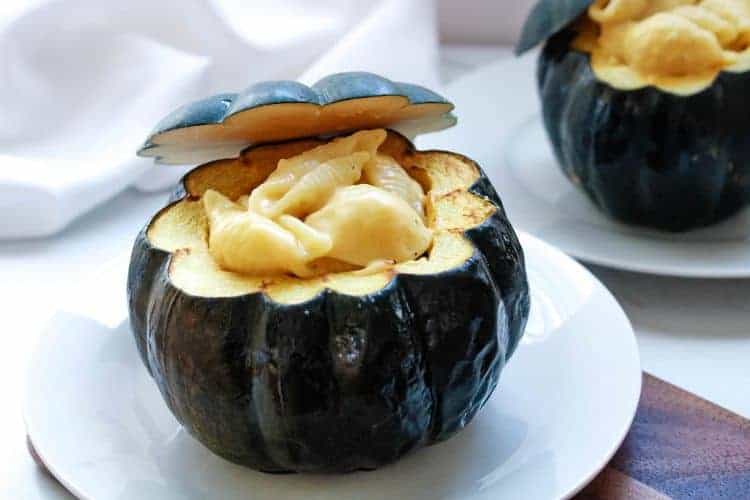 Mac and Cheese Stuffed Acorn Squash on a white plate
