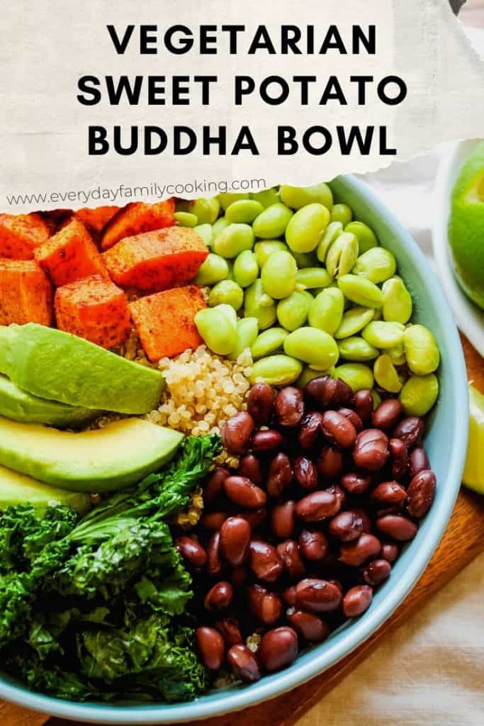 Title and Shown: Vegetarian Sweet Potato Buddha Bowl (in a blue bowl)
