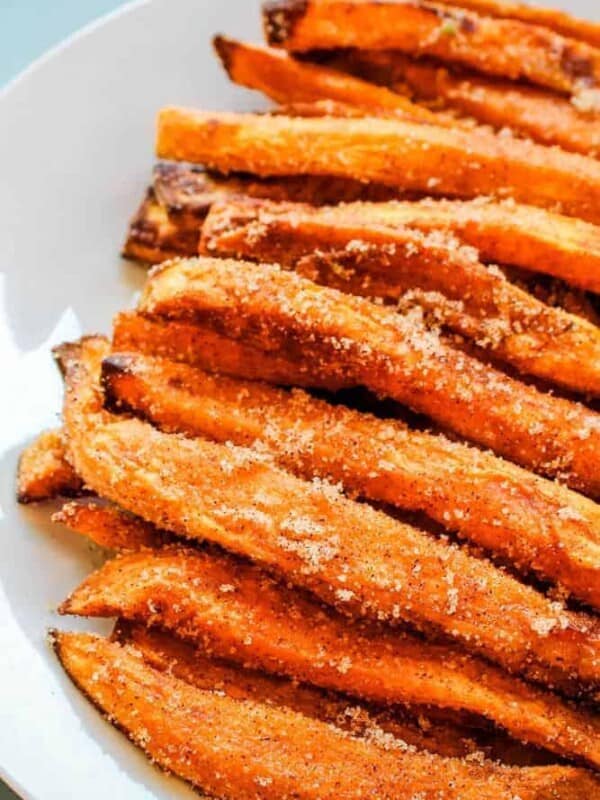 air fryer sweet potato dessert fries on a white plate