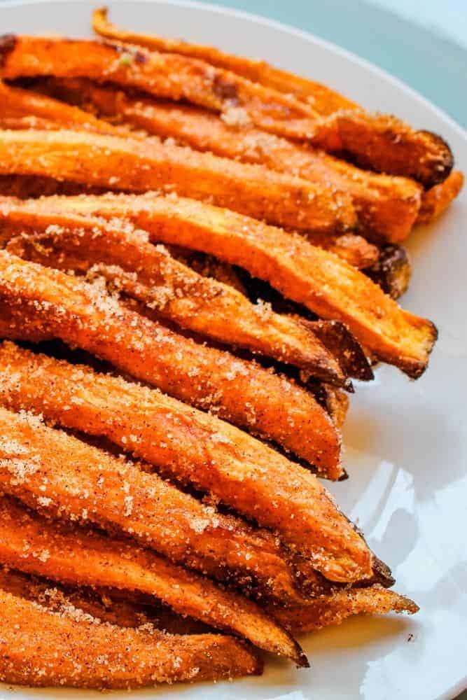 Sweet Potato Fries with Cinnamon Sugar on a white plate