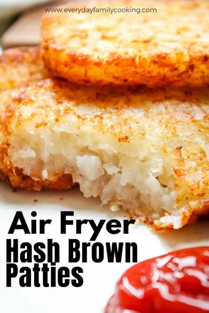 Title and Shown: Air Fryer Hash Brown Patties (on a white plate)