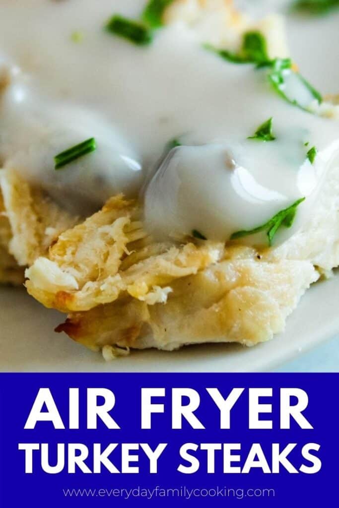 Title and Shown: Air Fryer Turkey Steaks (closeup of sliced turkey with mushroom sauce).