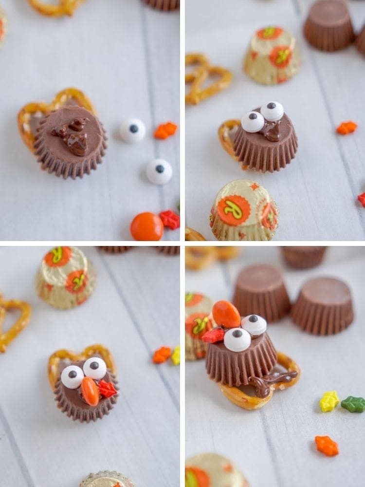 Collage of melted chocolate placed on the Reese's cups along with the candy eyes and Reese's cups
