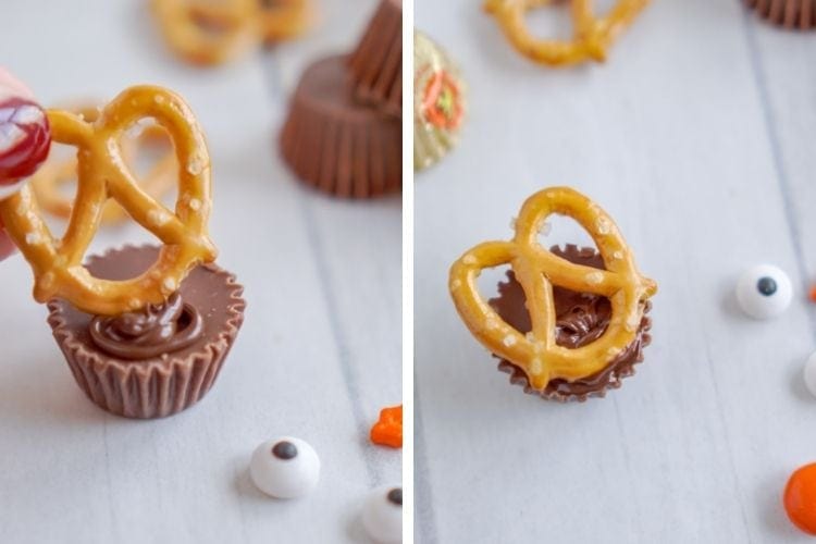 Pretzel being placed onto the mini Reese's cup (side-by-side pictures)