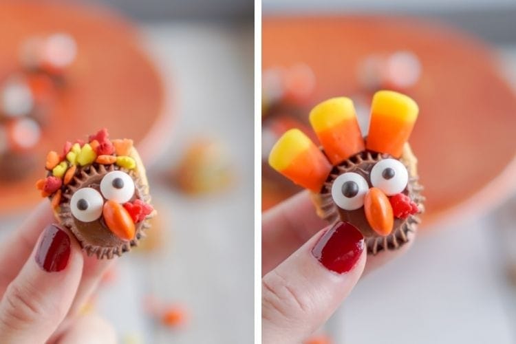 Side-by-side pictures of turkey treats with a different leaf sprinkle and one with candy corn feathers