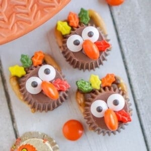 3 Reese's cup turkeys with a wrapped mini Reese's cup next to them
