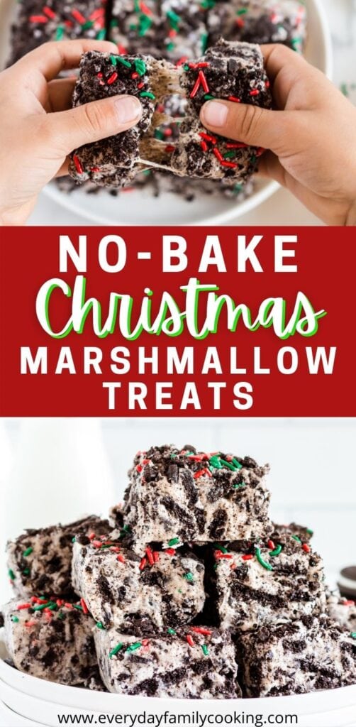 Title and Shown: No-Bake Christmas Marshmallow Treats (being held and on a plate)