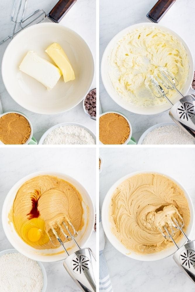Collage of butter and cream cheese mixed in a bowl with other added ingredients mixed in too