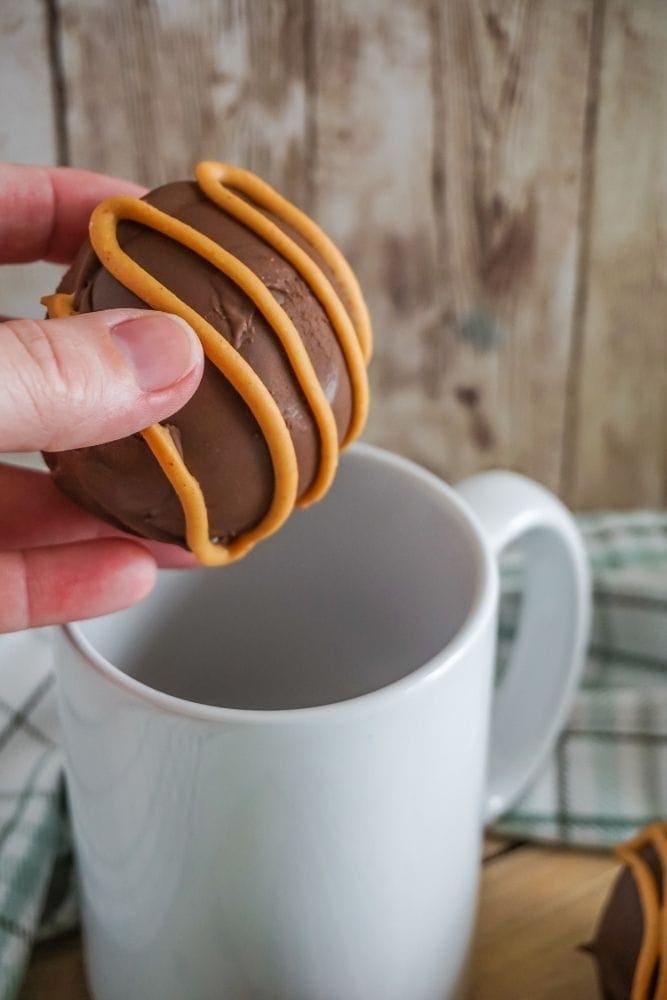 Hot Chocolate Bomb being placed into a white mug