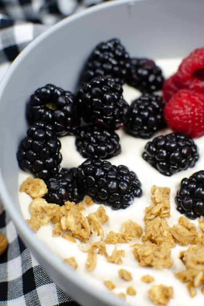 Closeup of almond milk yogurt in a bowl with blackberries, raspberries and granola