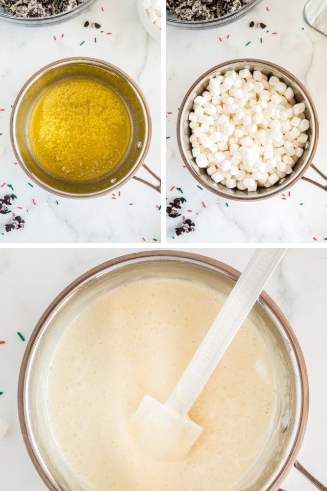 Collage of butter melted in pan, marshmallows added, then melted marshmallows