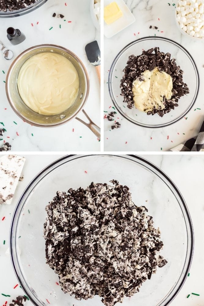 Collage of melted white chocolate, melted chocolate poured on Oreos, and the two combined in a bowl
