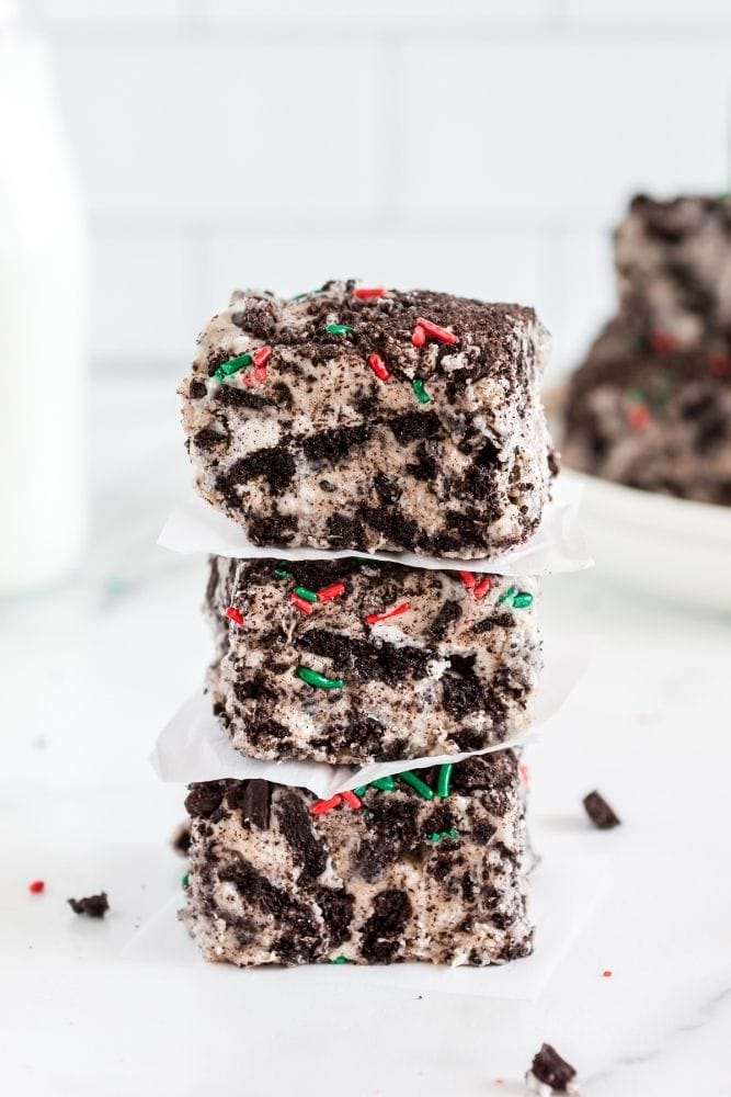 No-Bake Marshmallow Treats stacked on top of each other