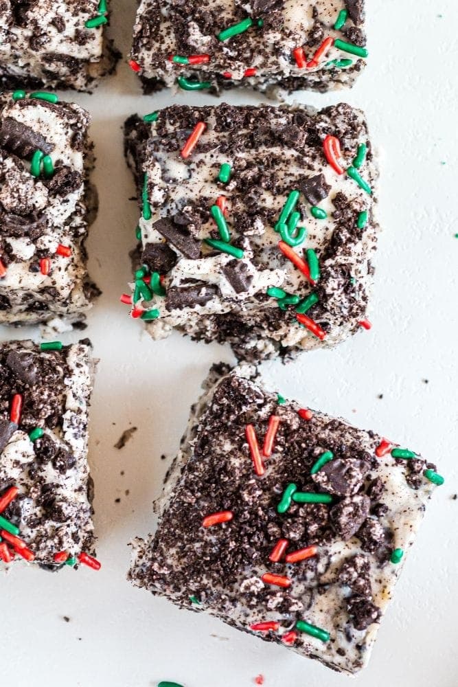 Closeup of Holiday No-Bake Marshmallow treats cut into squares