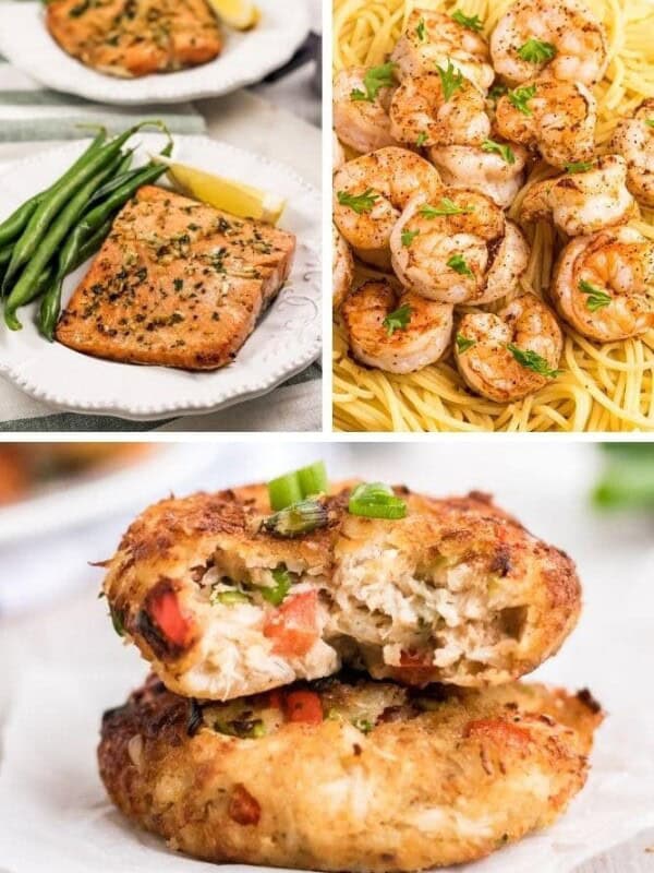 Collage of air fryer salmon, air fryer shrimp, and air fryer crab cakes