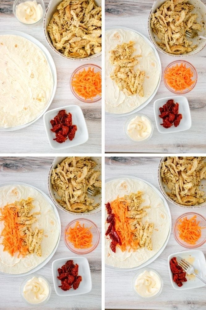 Process shots of mayo, carrots, chicken, and sundried tomatoes put on wrap