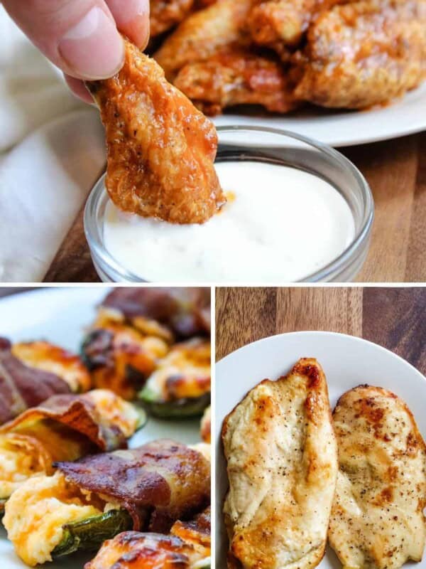 Collage of air fryer recipes, chicken wings, bacon wrapped jalapenos, and chicken breasts
