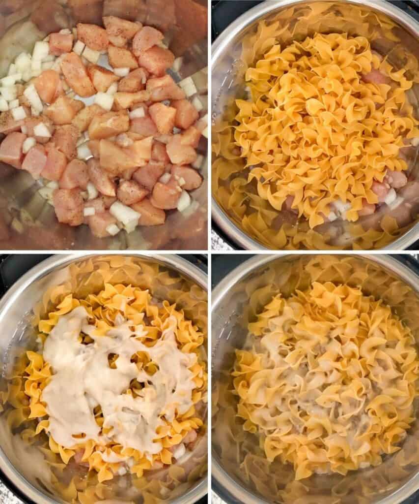 Collage on in-process photos, adding chicken and onion with seasonings, then egg noodles, then cream of mushroom soup, and then after pressure cooking