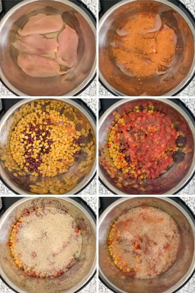Collage of in-process directions of adding each of the ingredients into the Instant Pot
