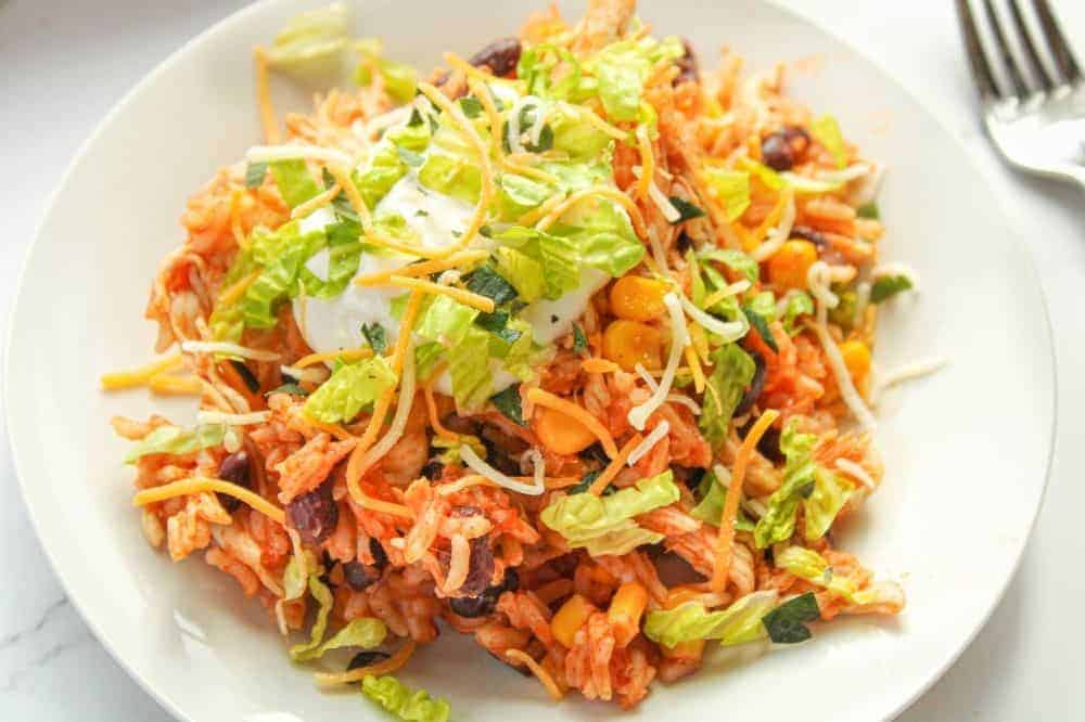 Instant Pot Chicken Bowls in a white shallow bowl with a fork to the side
