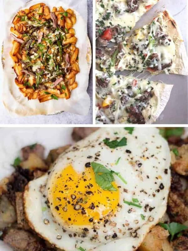 Collage of leftover steak recipes (loaded fries, steak pizza, and hash browns, steak, and eggs