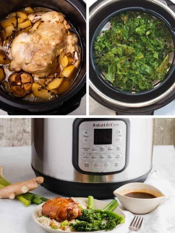 Collage of Instant Pot Air Fryer Lid Recipes (cornish hen, kale chips, and keto chicken)