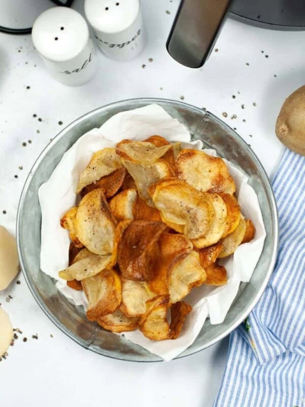 Looking down on Air Fryer Potato Chips in a bowl