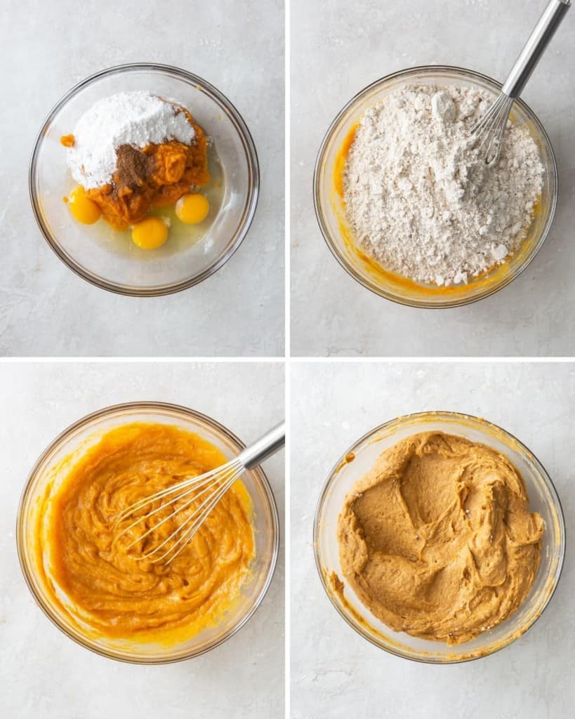 Collage of images of ingredients being added to a bowl and being mixed together with a whisk