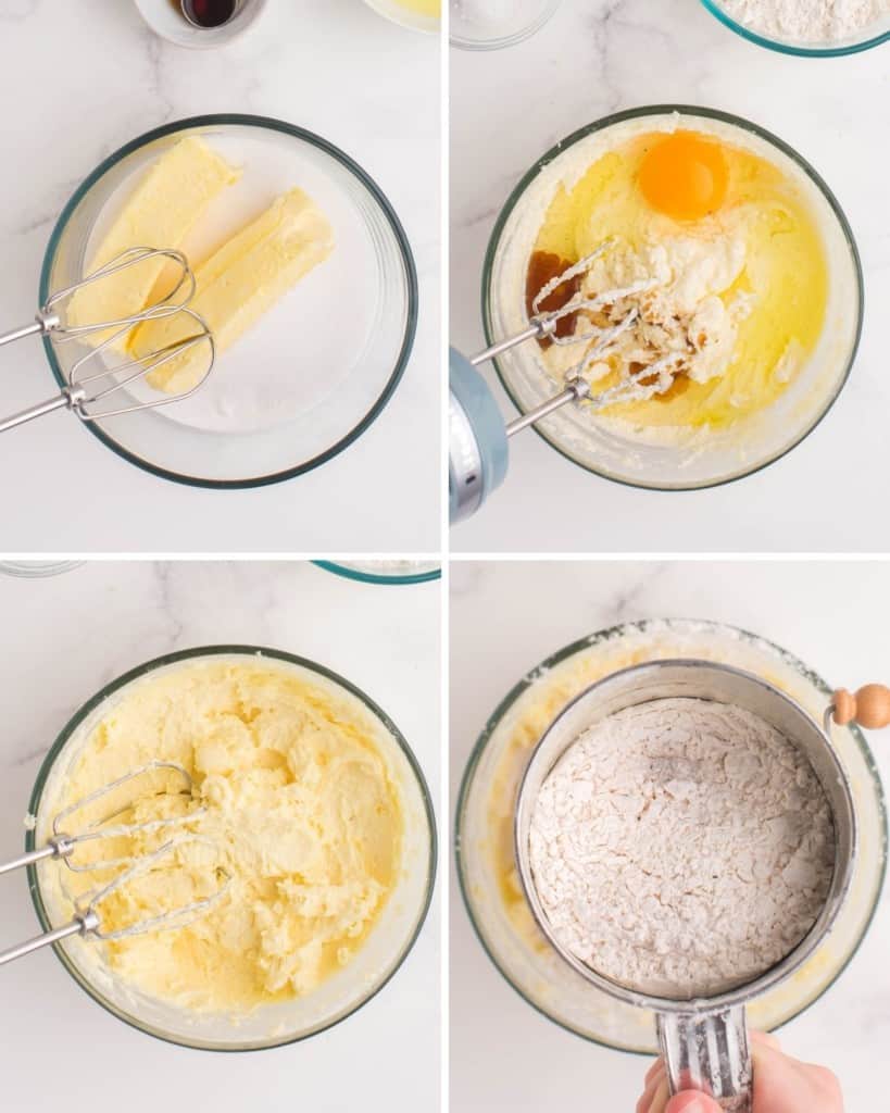 Collage of mixing the butter, wet ingredients, and sifting flour into the dough