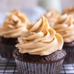 3 Ingredient Peanut Butter Frosting on top of a chocolate cupcake piped on