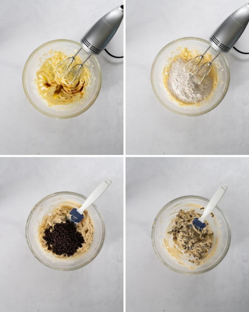In-process collage of photos mixing all ingredients in a bowl