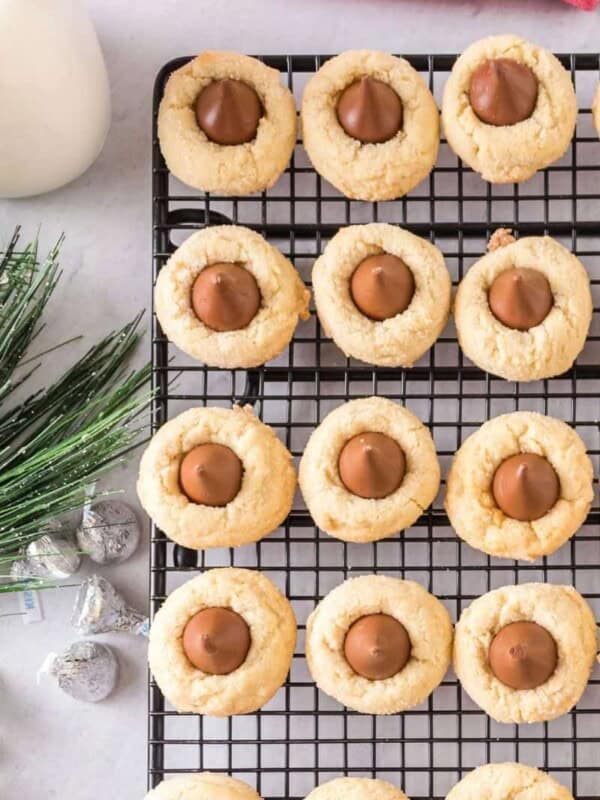 Hershey Kiss Shortbread Cookies lined on a wire cooling rack