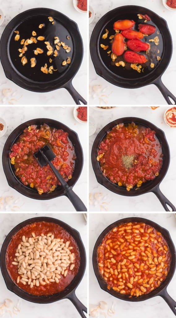 step-by-step process to make cheesy white bean tomato bake