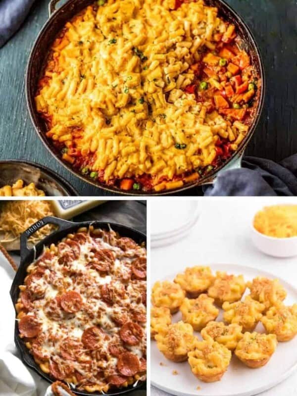 Leftover Mac and Cheese Recipes collage (shepherds pie, pepperoni casserole, mac and cheese bites)