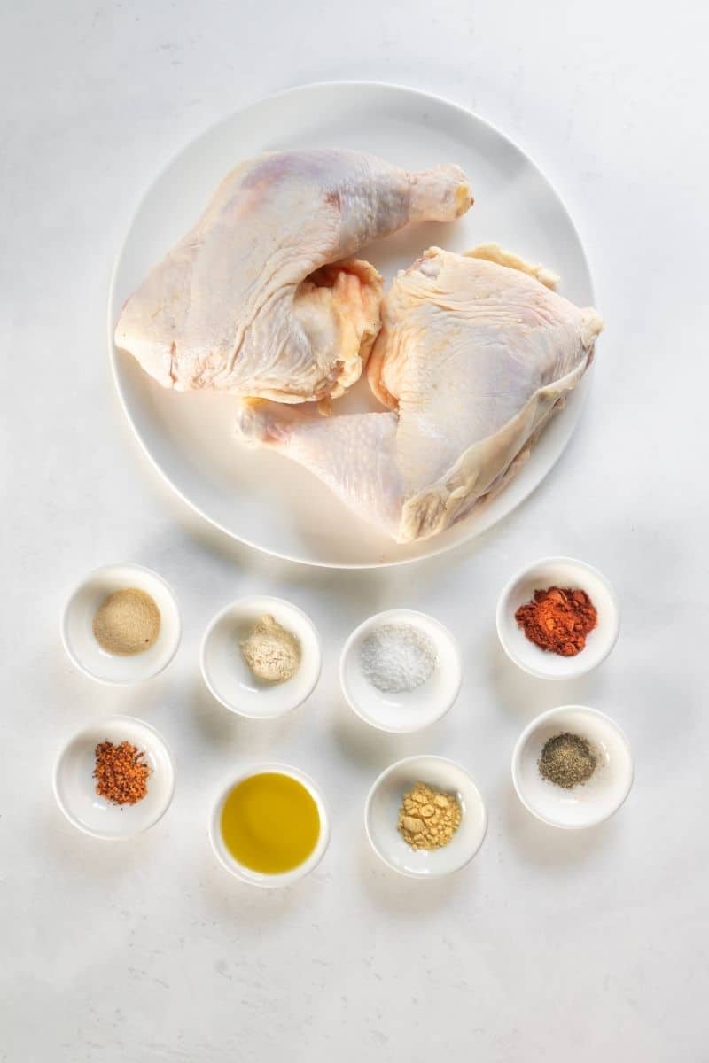 gathered ingredients for air fryer chicken leg quarters