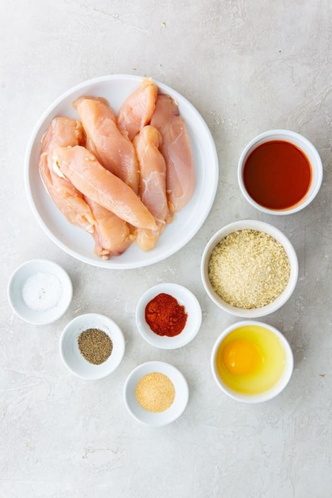 prepared ingredients for air fryer buffalo chicken tenders