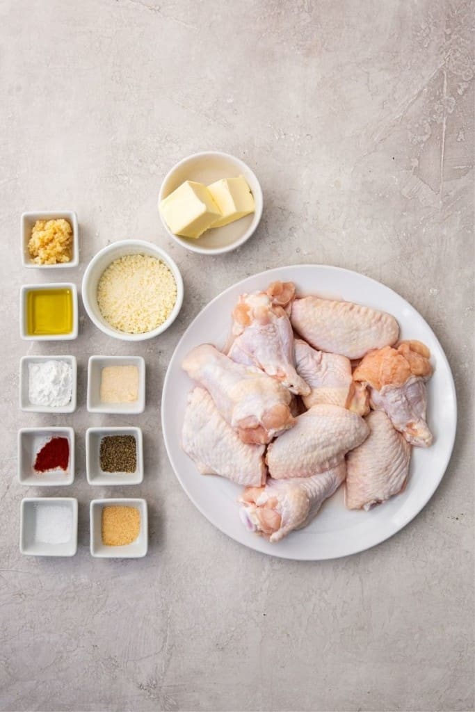 prepared ingredients for air fryer garlic parmesan wings