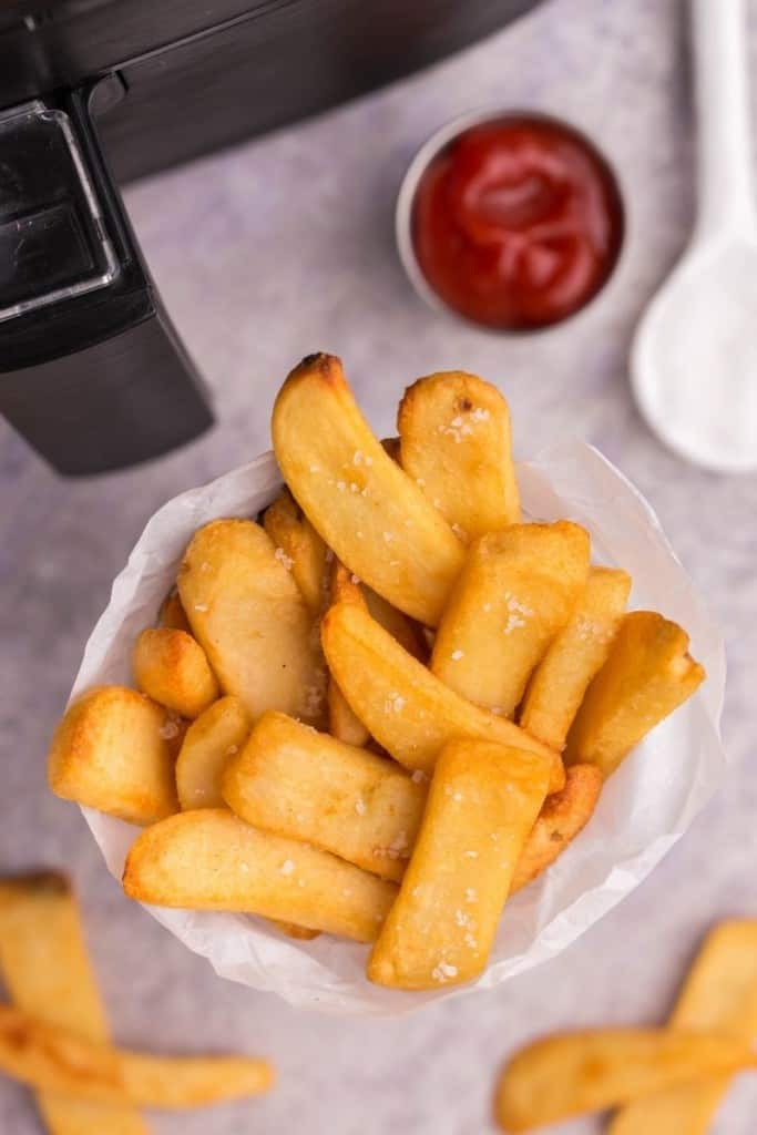air fryer steak fries with dipping sauce on the side