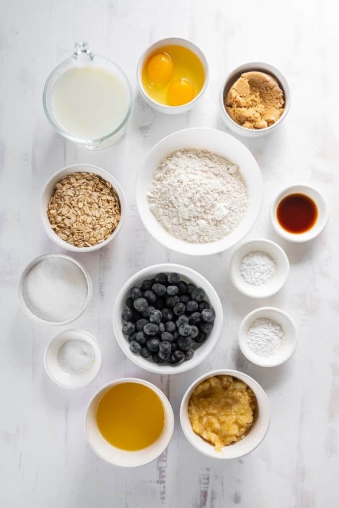 prepared ingredients for banana blueberry oatmeal muffins
